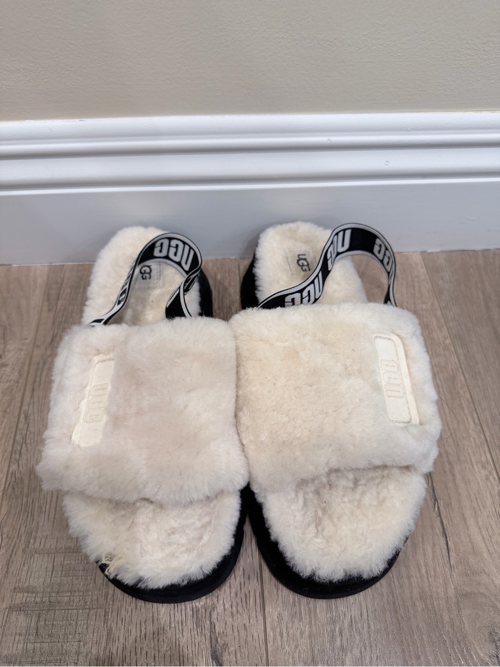 UGG Cream Shearling Slide Sandals with Branded Elastic Strap